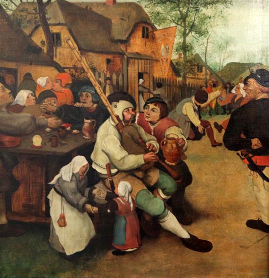 After Jan Van Brueghel Piper outside a tavern 14 x 14.75in.